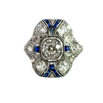 Art Deco Platinum, sapphire and Old Mine Cut diamond ring