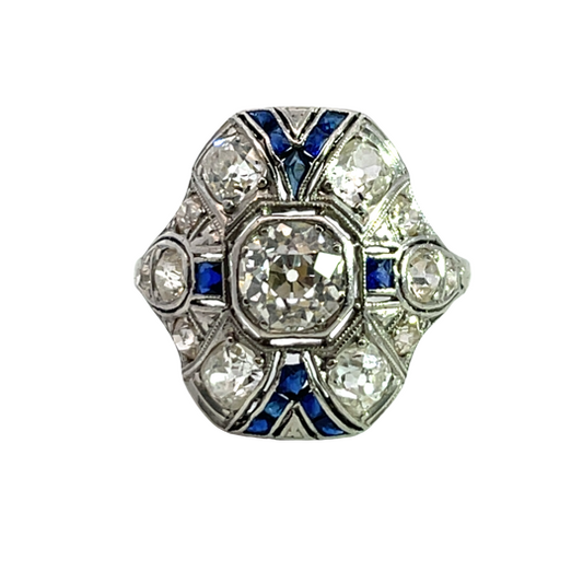 Art Deco Platinum, sapphire and Old Mine Cut diamond ring