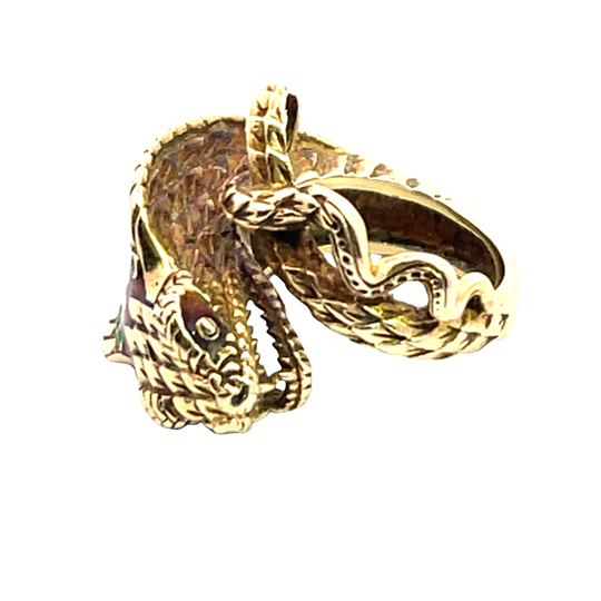 Modern 18KY gold, enamel and chrysoprase cobra ring