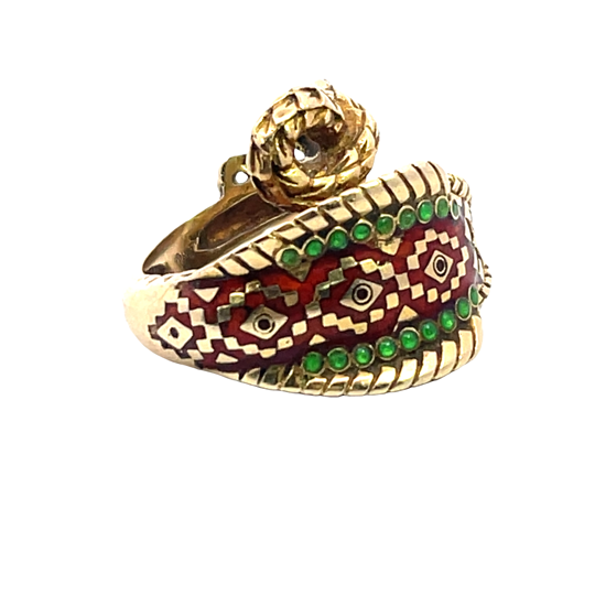 Modern 18KY gold, enamel and chrysoprase cobra ring
