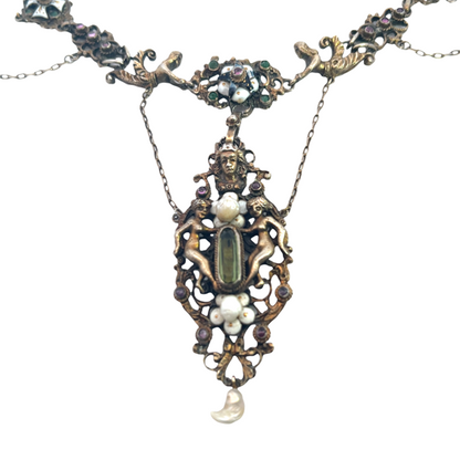 Renaissance Revival 9K gold chrysoberyl, pearl and enamel angel and maltese cross necklace
