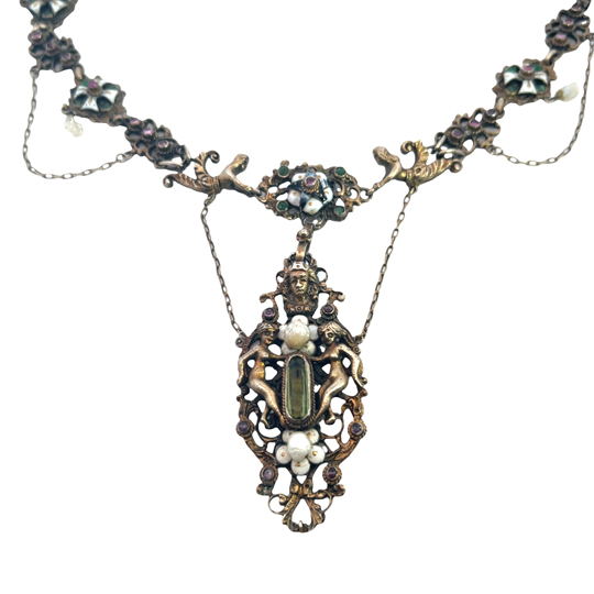 Renaissance Revival 9K gold chrysoberyl, pearl and enamel angel and maltese cross necklace