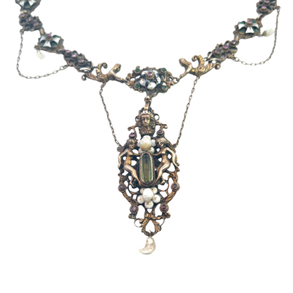 Renaissance Revival 9K gold chrysoberyl, pearl and enamel angel and maltese cross necklace