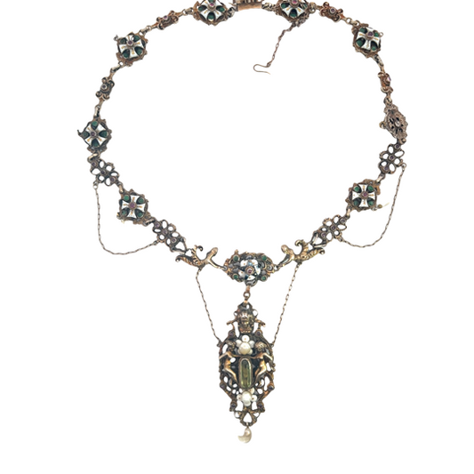Renaissance Revival 9K gold chrysoberyl, pearl and enamel angel and maltese cross necklace