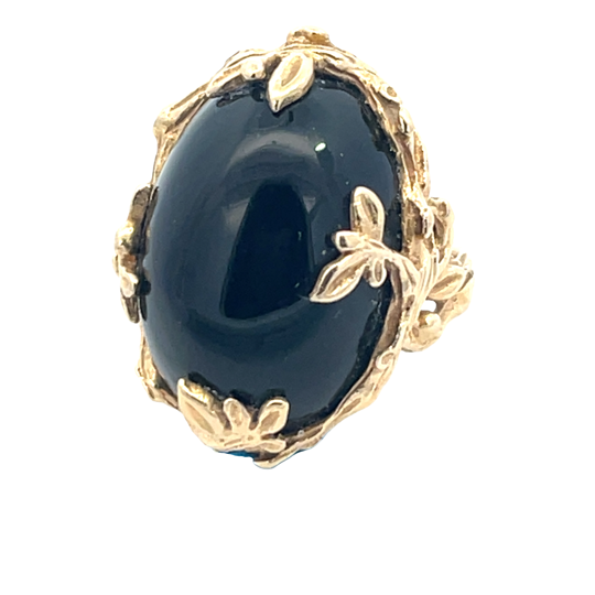 Modern 14KY gold and onyx cabochon floral ring