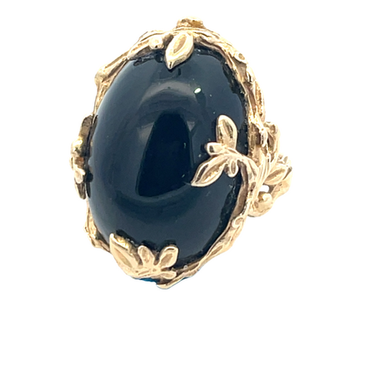Modern 14KY gold and onyx cabochon floral ring