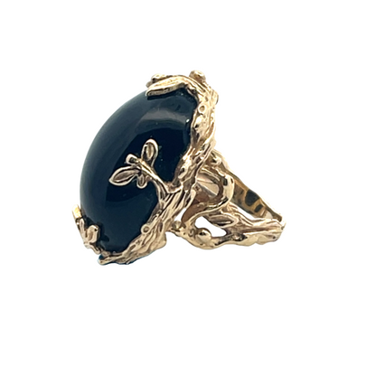 Modern 14KY gold and onyx cabochon floral ring