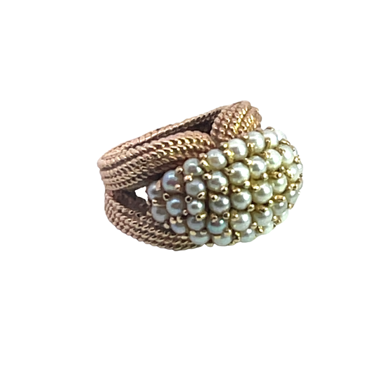Mid Century Modern 14KY gold and seed pearl woven style ring