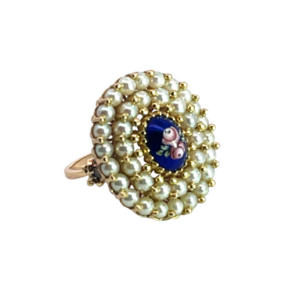 Victorian 18KY gold enamel and natural seed pearl ring