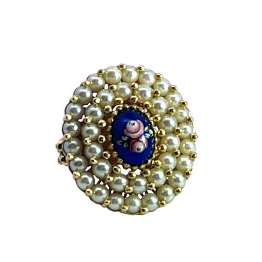 Victorian 18KY gold enamel and natural seed pearl ring