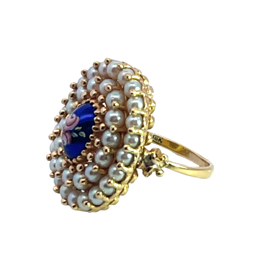 Victorian 18KY gold enamel and natural seed pearl ring