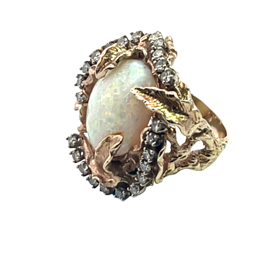 Brutalist 14KY gold, opal and diamond ring