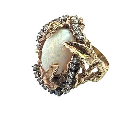 Brutalist 14KY gold, opal and diamond ring