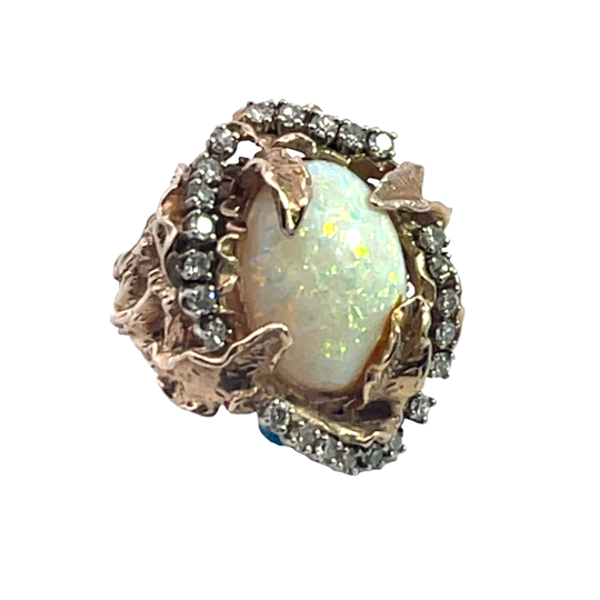 Brutalist 14KY gold, opal and diamond ring