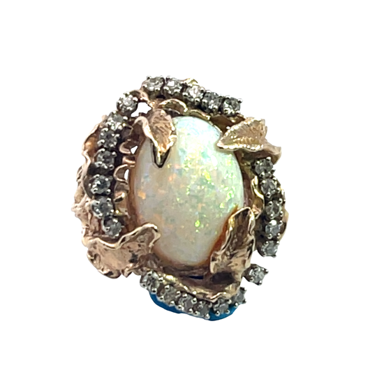 Brutalist 14KY gold, opal and diamond ring