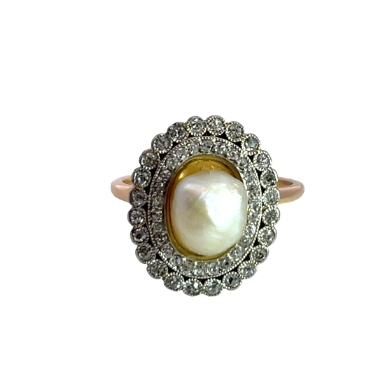 Georgian Platinum, 14KY gold, rose cut diamond and GIA certified natural pearl locket ring