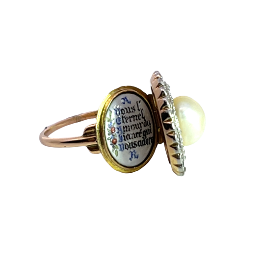 Georgian Platinum, 14KY gold, rose cut diamond and GIA certified natural pearl locket ring