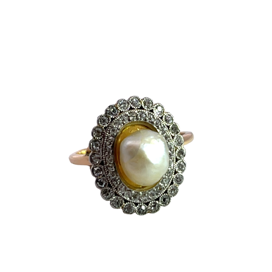 Georgian Platinum, 14KY gold, rose cut diamond and GIA certified natural pearl locket ring