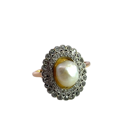 Georgian Platinum, 14KY gold, rose cut diamond and GIA certified natural pearl locket ring