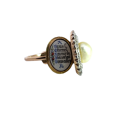 Georgian Platinum, 14KY gold, rose cut diamond and GIA certified natural pearl locket ring