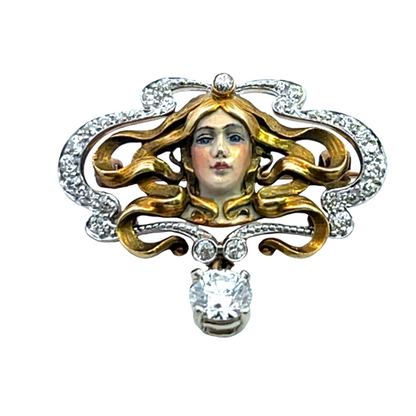Art Noveau 14KY gold, enamel, and old mine cut diamonds, and round brilliant cut diamond hand fabricated pin