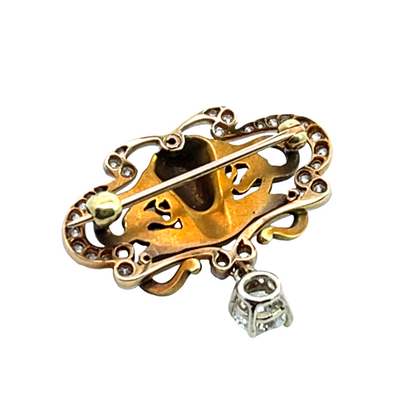 Art Noveau 14KY gold, enamel, and old mine cut diamonds, and round brilliant cut diamond hand fabricated pin