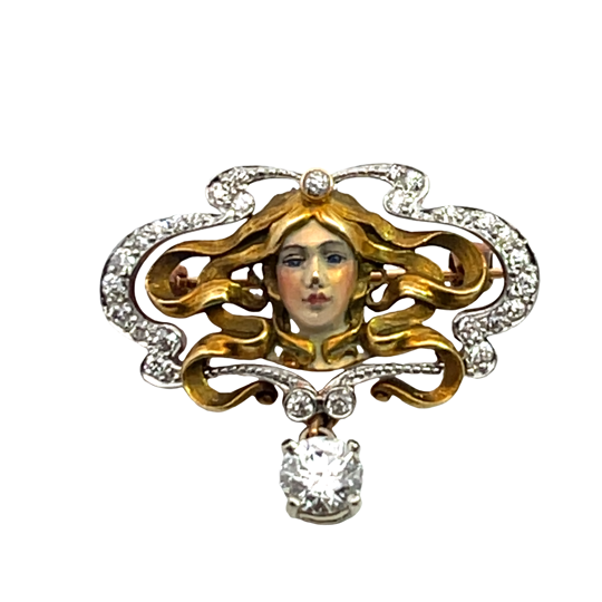 Art Noveau 14KY gold, enamel, and old mine cut diamonds, and round brilliant cut diamond hand fabricated pin