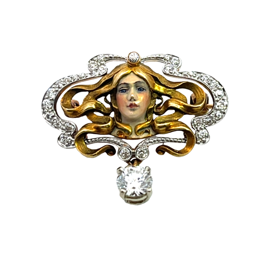 Art Noveau 14KY gold, enamel, and old mine cut diamonds, and round brilliant cut diamond hand fabricated pin