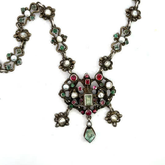 Austro-Hungarian Sterling Silver, Green beryl, ruby, and natural pearls link necklace with pendant