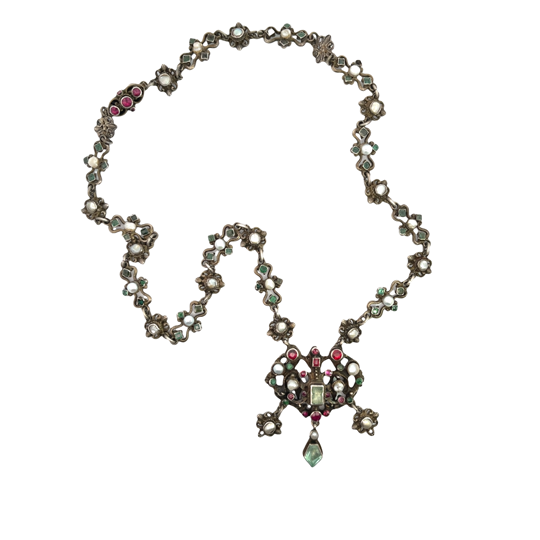 Austro-Hungarian Sterling Silver, Green beryl, ruby, and natural pearls link necklace with pendant