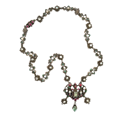Austro-Hungarian Sterling Silver, Green beryl, ruby, and natural pearls link necklace with pendant