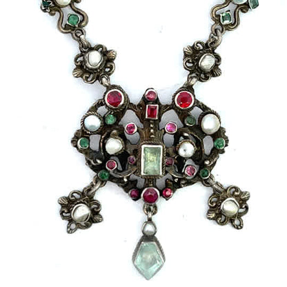 Austro-Hungarian Sterling Silver, Green beryl, ruby, and natural pearls link necklace with pendant