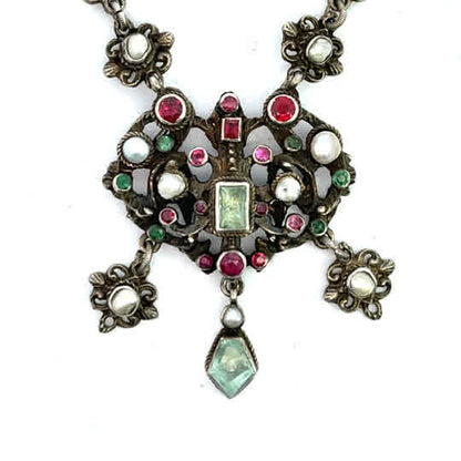 Austro-Hungarian Sterling Silver, Green beryl, ruby, and natural pearls link necklace with pendant