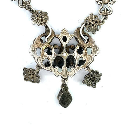 Austro-Hungarian Sterling Silver, Green beryl, ruby, and natural pearls link necklace with pendant