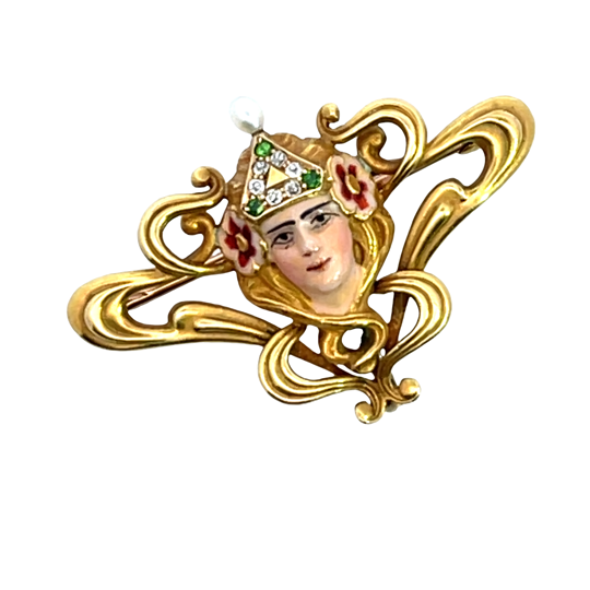 Art Noveaue 14KY gold, emerald, pearl diamonds convertible brooch/clip