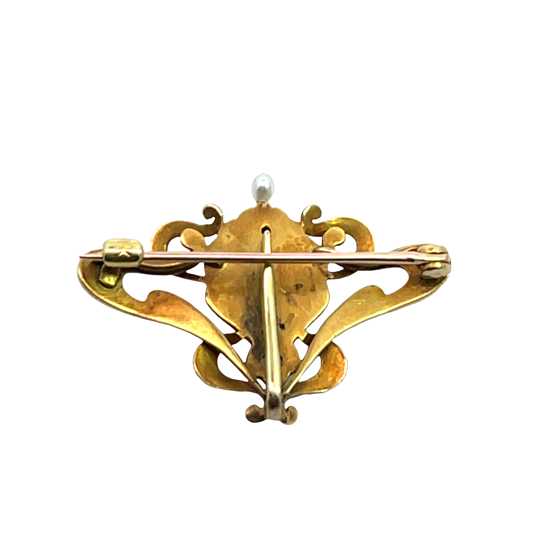Art Noveaue 14KY gold, emerald, pearl diamonds convertible brooch/clip