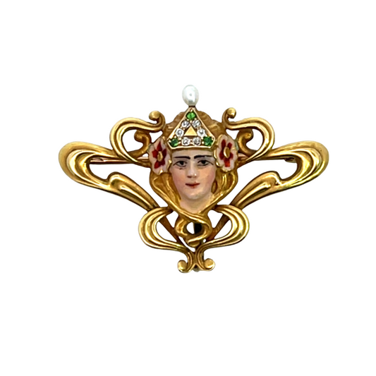 Art Noveaue 14KY gold, emerald, pearl diamonds convertible brooch/clip