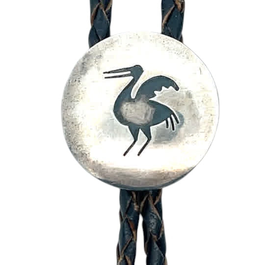 Native American Sterling Silver, leather cord, Crane bolo tie