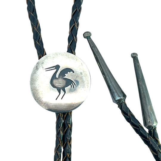 Native American Sterling Silver, leather cord, Crane bolo tie