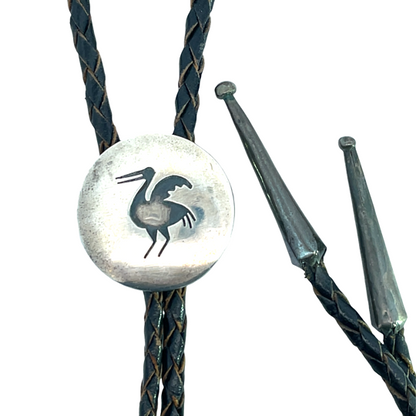Native American Sterling Silver, leather cord, Crane bolo tie