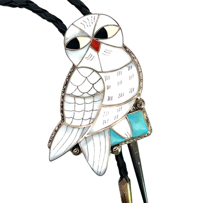 Native American Sterling Silver, braided leather mother of pearl, onyx, coral and turquoise Owl bolo tie