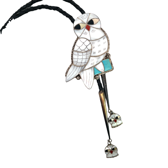 Native American Sterling Silver, braided leather mother of pearl, onyx, coral and turquoise Owl bolo tie