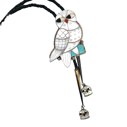 Native American Sterling Silver, braided leather mother of pearl, onyx, coral and turquoise Owl bolo tie