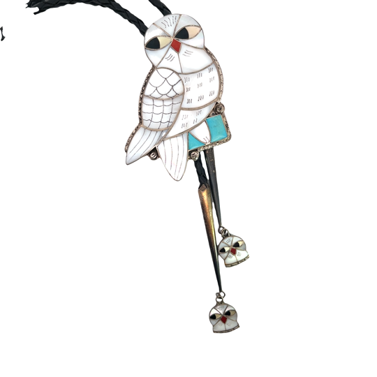 Native American Sterling Silver, braided leather mother of pearl, onyx, coral and turquoise Owl bolo tie