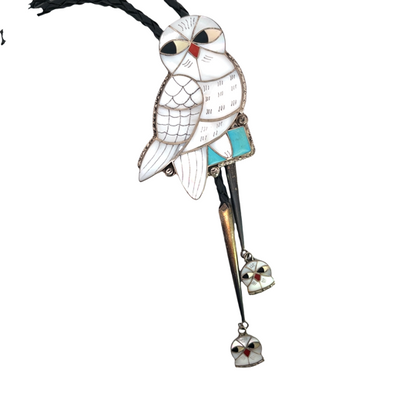Native American Sterling Silver, braided leather mother of pearl, onyx, coral and turquoise Owl bolo tie