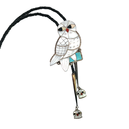 Native American Sterling Silver, braided leather mother of pearl, onyx, coral and turquoise Owl bolo tie