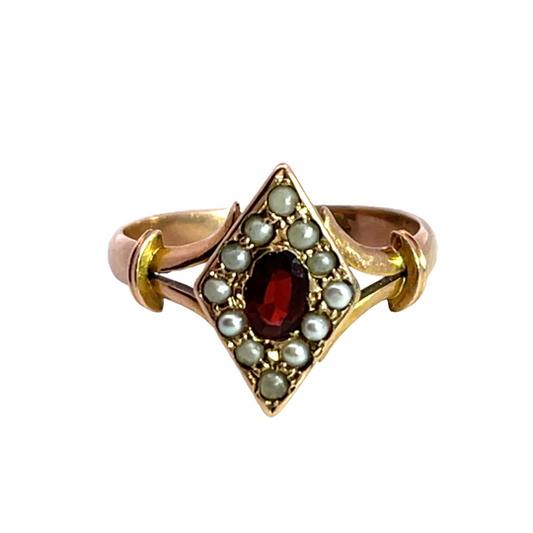 Victorian 14KRose Gold, garnet and seed pearl ring