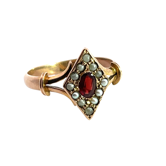 Victorian 14KRose Gold, garnet and seed pearl ring