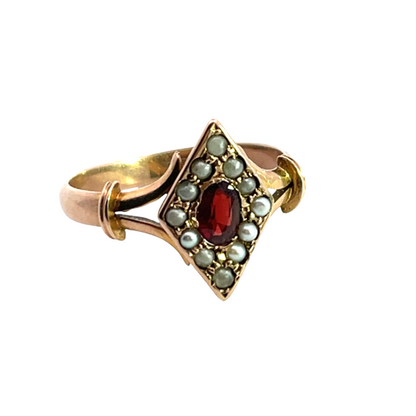 Victorian 14KRose Gold, garnet and seed pearl ring