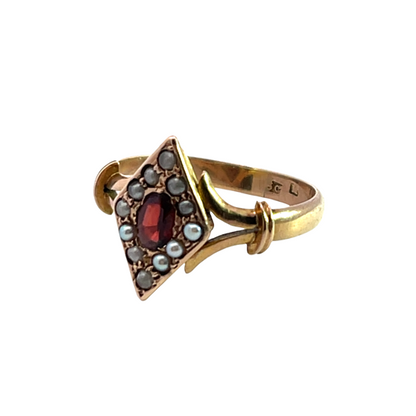 Victorian 14KRose Gold, garnet and seed pearl ring
